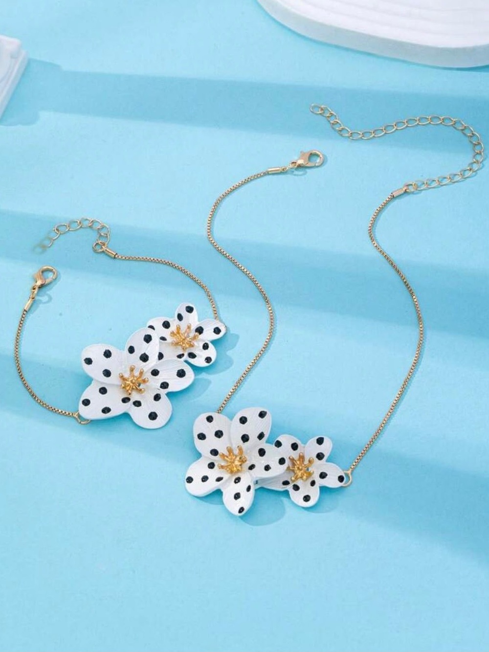 White Polka Dot Flower Necklace with Gold Chain